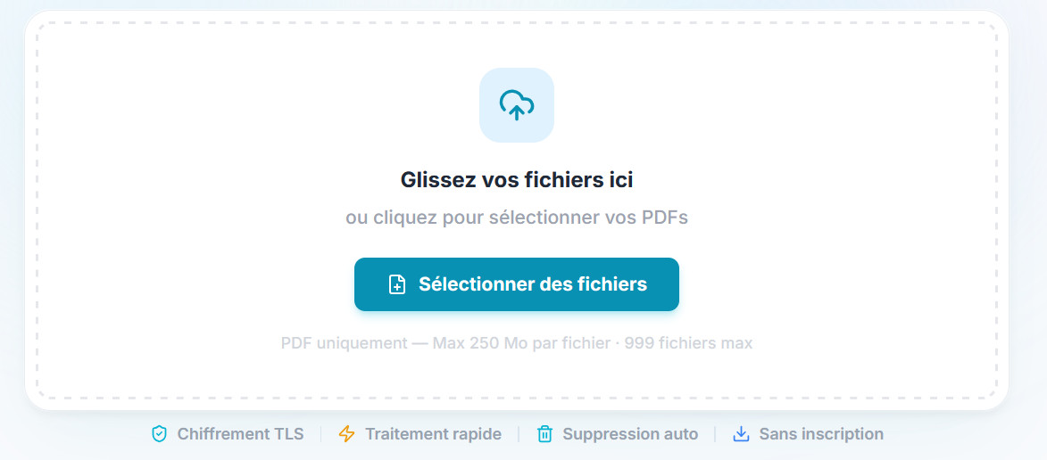 Capture d'écran de la zone de dépôt «&nbsp;Glissez vos fichiers ici&nbsp;» sur PDF Recap pour fusionner deux PDF en ligne gratuitement.