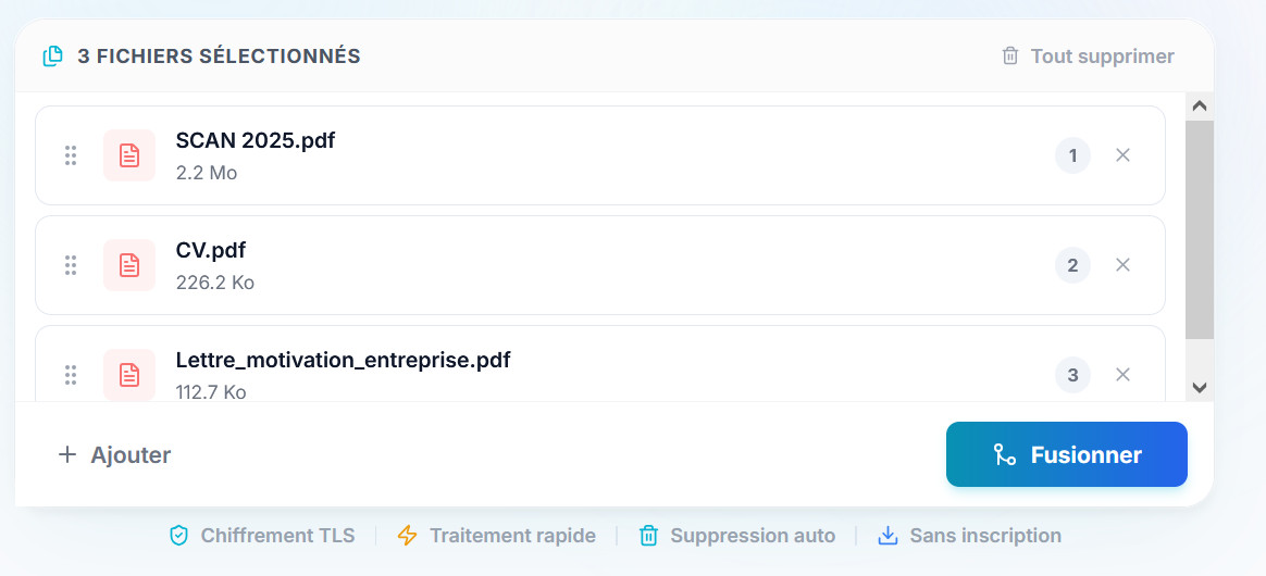 Interface de PDF Recap affichant la liste des fichiers sélectionnés avec la possibilité de modifier l'ordre avant de fusionner deux PDF ou plus.