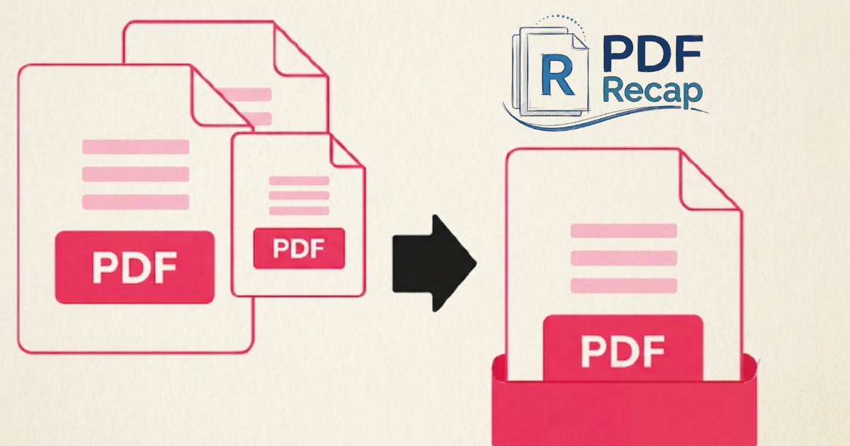 Illustration montrant le processus pour fusionner deux PDF en un seul document final via l'outil en ligne gratuit PDF Recap.