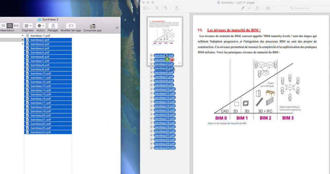 Capture d'écran montrant comment fusionner des PDF sur Mac en faisant glisser des vignettes dans le panneau latéral de l'application Aperçu.