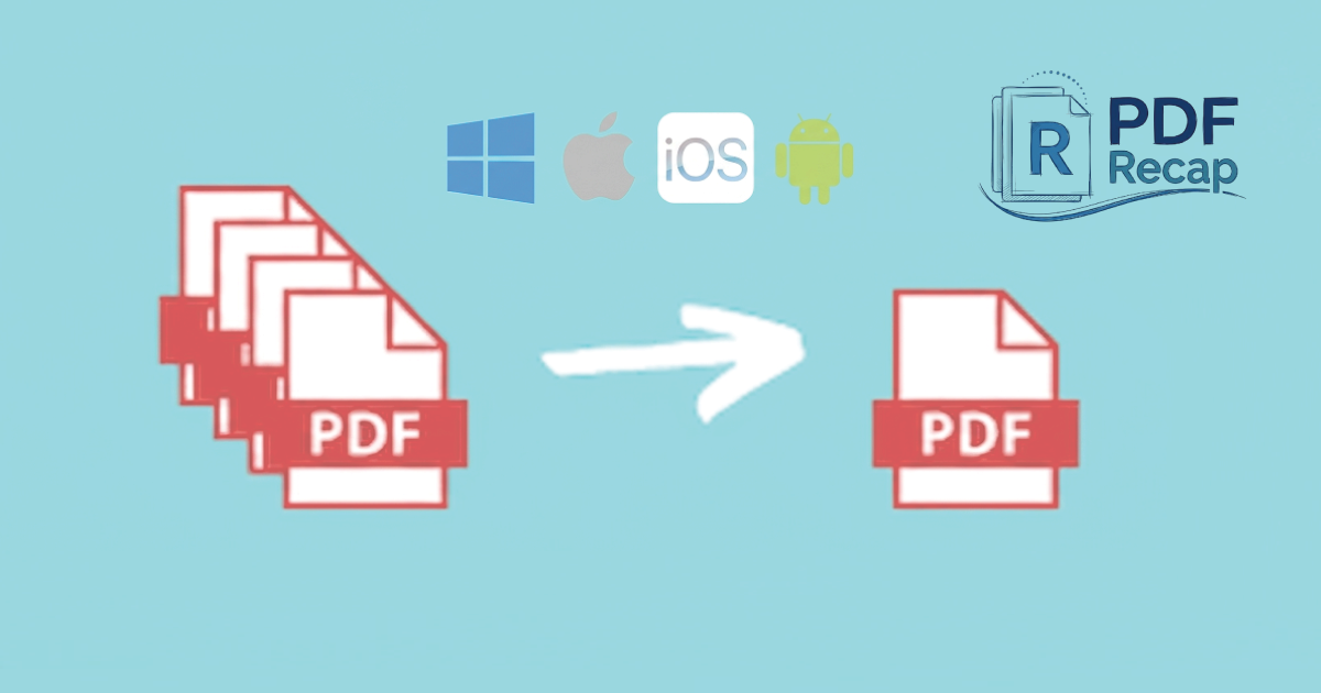 Illustration montrant le processus pour fusionner plusieurs documents PDF en un seul fichier sur Windows, Mac, iOS et Android avec l'outil PDF Recap.