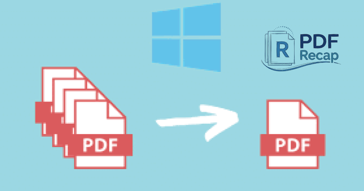 Illustration montrant plusieurs icônes de fichiers PDF se regroupant en un seul document sous le logo Windows, expliquant comment fusionner des PDF.