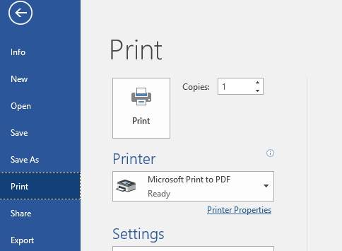 Capture d'écran de l'interface d'impression Windows montrant l'imprimante virtuelle Microsoft Print to PDF sélectionnée pour fusionner des fichiers.