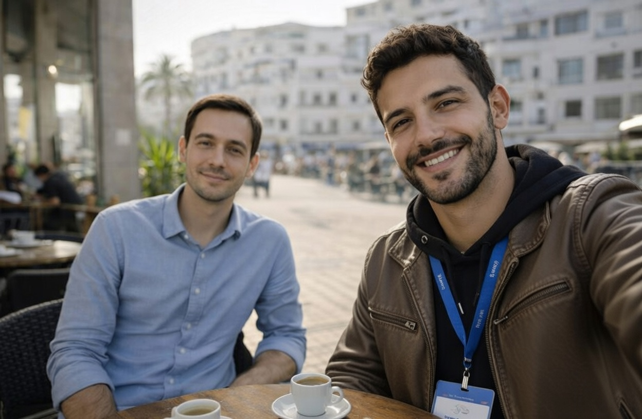 Julien et Yassine travaillant sur PDF Recap dans un café à Casablanca